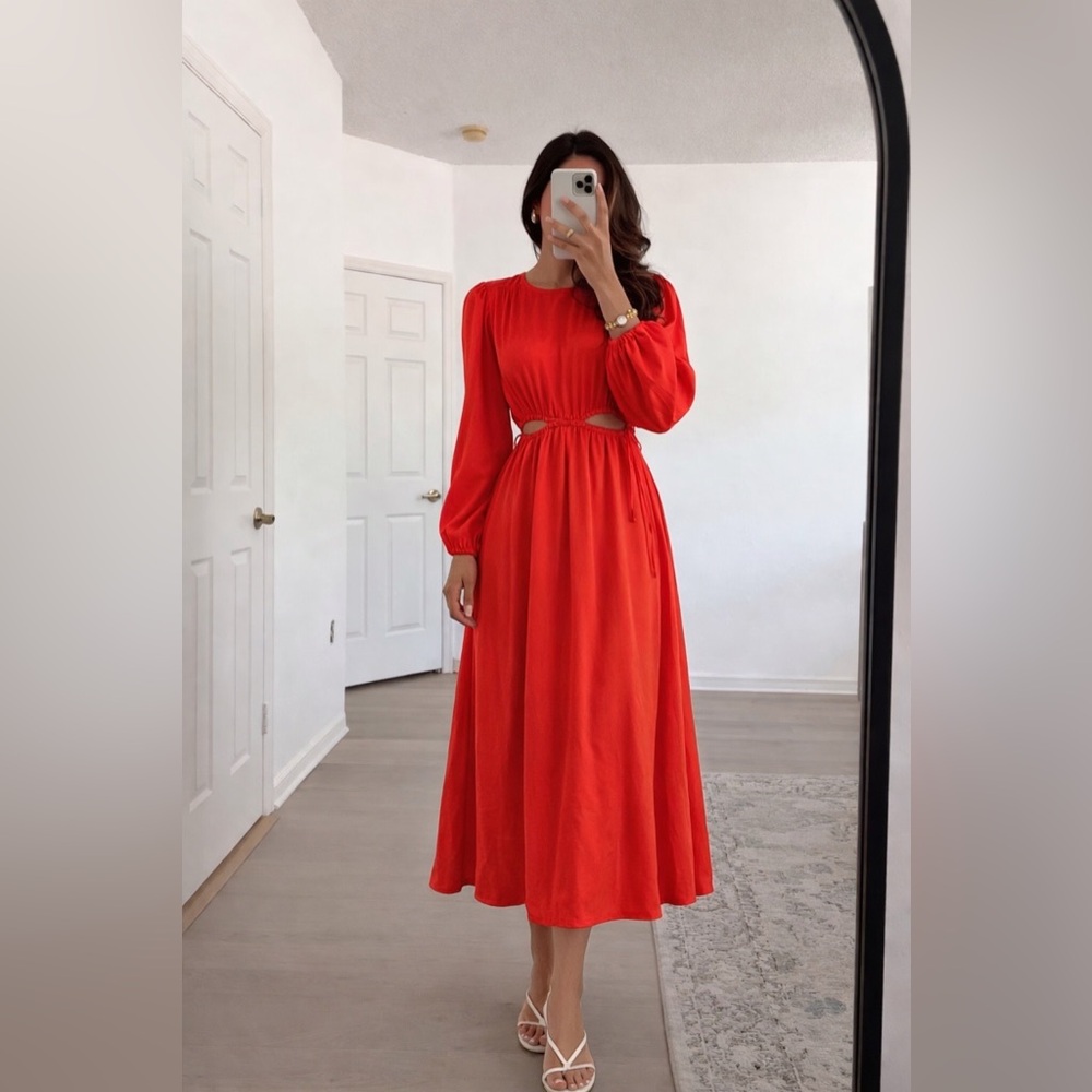 Farm Rio Ruched Cutout Long Sleeve Satin Maxi Dress